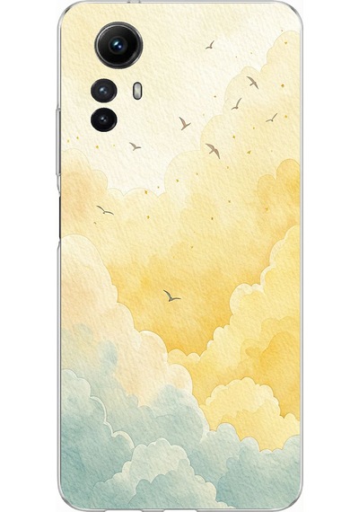Redmi Note 12s Uyumlu Sarı Ve Yeşil Tonlu Bulut Ve Kuşlar Baskılı Silikon Kılıf Renkli