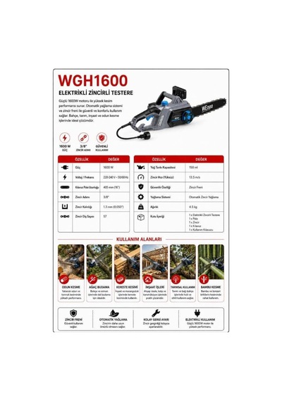 Algaride Wgh1600 1600w Elektrikli Zincirli Testere 40cm 3/8 91 Zincir Otomatik Yağlama Ve Zincir Frenli