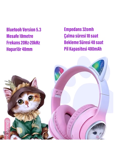Exenar SW90 Bluetooth 5.3 Kablosuz Kız Ve Erkek Çocuklar İçin Kedi Kulak Üstü Kulaklık