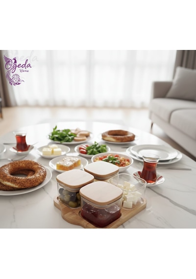Bambu Kapaklı 4 Lü Cam Saklama Kabı Seti Kare Kahvaltılık Kavanoz Seti Cam Baharatlık Açık Kahverengi