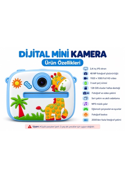 Cmr90 Çocuk Dijital Mini Kamera 1080p Hd 2.0 İnç Ekran Fotorğraf Video Oyun Müzik Usb Şarj Termal Resim Kağıt Baskılı Yazıcı Kamera Video Makinesi Print Kamera Açık Mavi