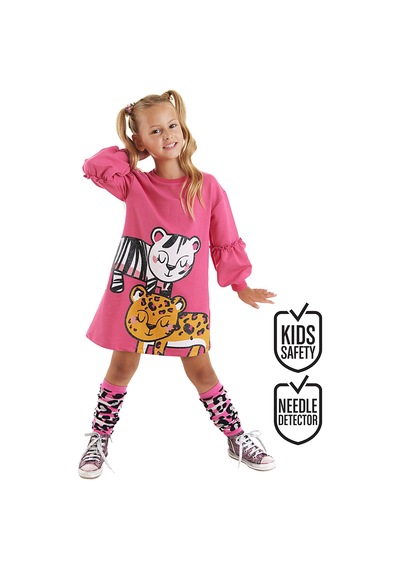 Denokids Kız Çocuk Kışlık Leopar ve Zebra Desenli Pamuklu Pembe Uzun Kollu Elbise 3-9 Yaş