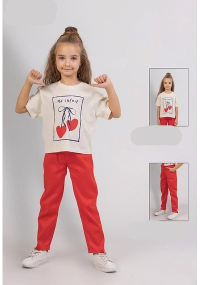 Dmb Kids Kız Pantalon Takım 25ydmb06180498 Ekru - Kırmızı