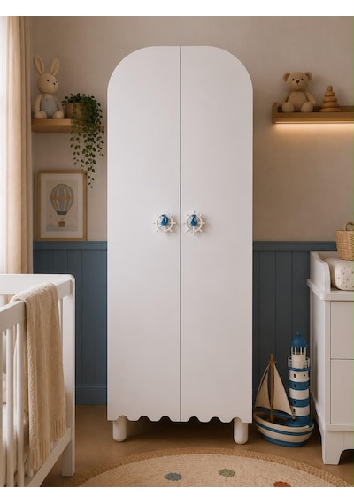 Gemici Oval 2 Kapaklı Dolap Tamamı Mdf Mavi Kulp Beyaz - Mavi