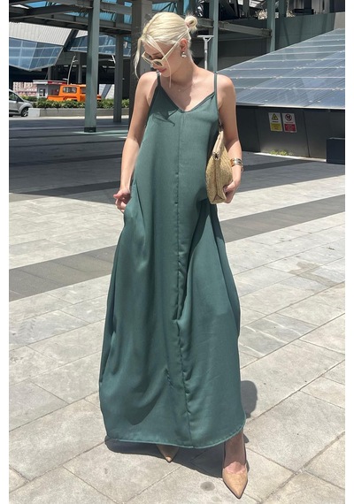 Madmext Yeşil Askılı Oversize Uzun Elbise Mg2038-yeşil