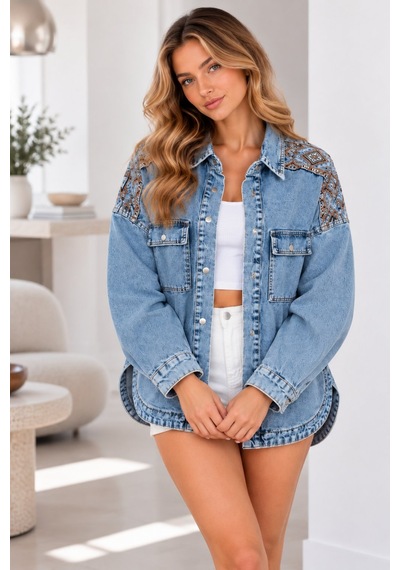 Lima Mavi Kadın Açık Mavi Etnik Desenli Kot Ceket Oversize Çıtçıt Düğmeli Cepli Uzun Kollu Denim Gömlek Ceket Lima Mavi Kadın Açık Mavi Etnik Desenli Kot Ceket Oversize Çıtçıt Düğmeli Cepli Uzun Kollu Denim Gömlek Ceket