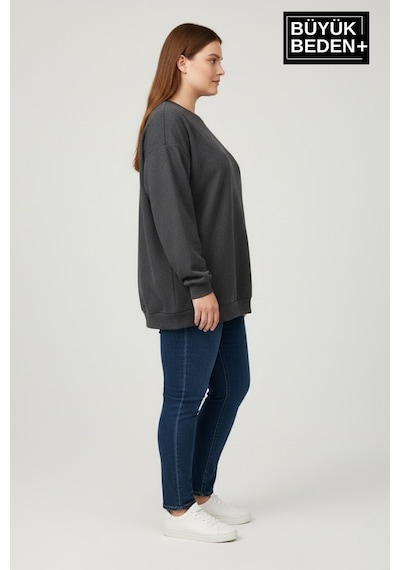 Superlife Kadın Büyük Beden Bisiklet Yaka Kollar Ve Etek Ribanalı İnce Sweatshirt Spr26bswk956 Antrasit