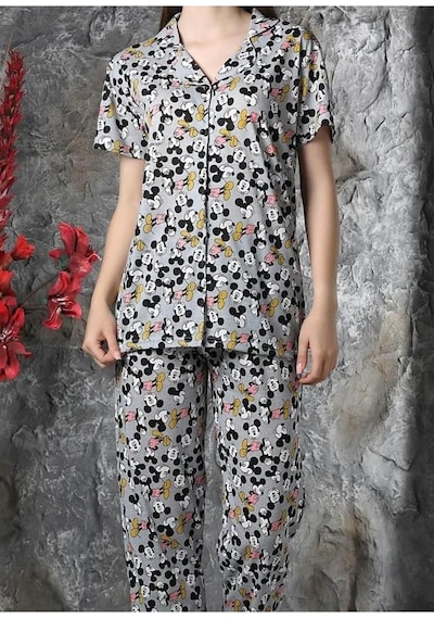 Yazlık Mickey Baskılı Kısa Kol Pijama Takımı Yeni Sezon Gri