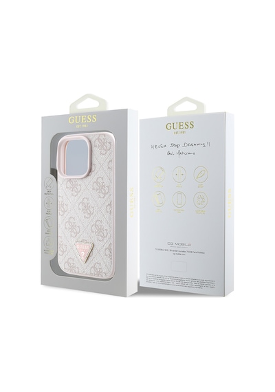 Apple Uyumlu iPhone 16 Pro Max Kılıf Guess Lisanslı Pu Deri Taşlı Üçgen Logo 4g Desenli Strass Kapak Pembe