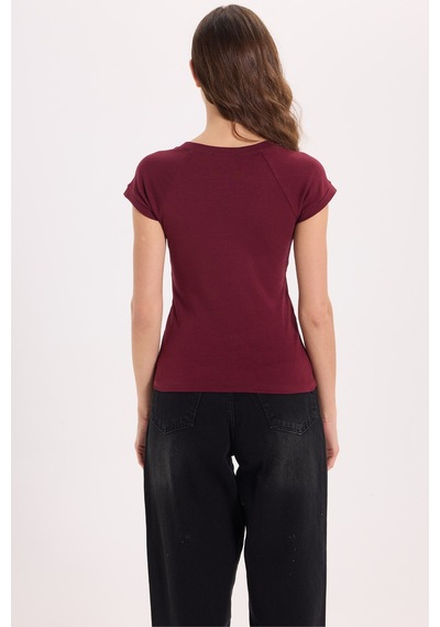 Tudors Kadın Slim Fit Dar Kesim Bisiklet Yaka Reglan Kol %100 Pamuk Bordo Tişört Bluz-51067