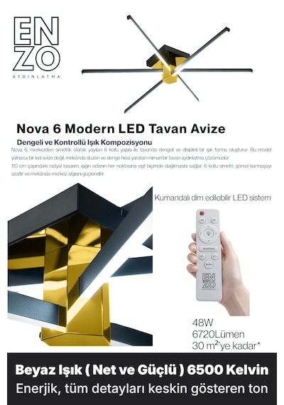 Nova 6 Gold Led Tavan Avize Kumandalı Dim Edilebilir Aşağı Işık Beyaz Işık - Nova 6