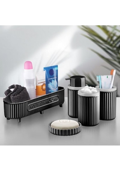 Flora 5 Parça Banyo Seti Çok Amaçlı Sepet, Sıvı Sabunluk, Katı Sabunluk, Diş Fırçalık, Pamukluk Siyah