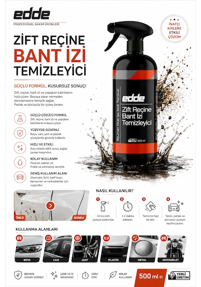 Edde Araba Araç Oto Zift Reçine Böcek Bant İzi Sökücü Temizleyici Temizleme Sprey 500 Ml Oto Detailing