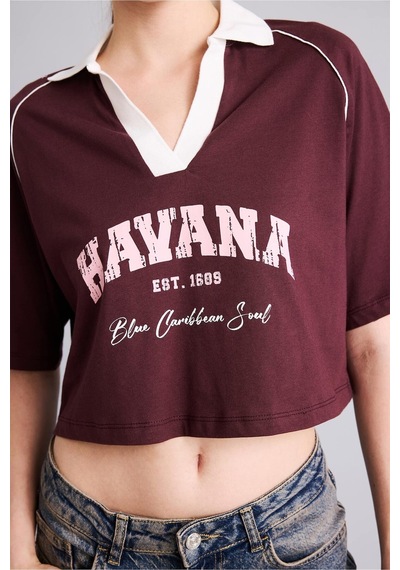 Defacto %100 Pamuk Oversize Kontrast Polo Yaka Baskılı Crop Tişört I6806ax26aubr2 Bordo-br2