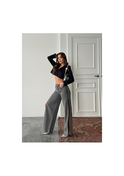 Blue Marlın Yan Fermuarlı Uzun Boyfriend Bol Paça Jeans Kar Siyah