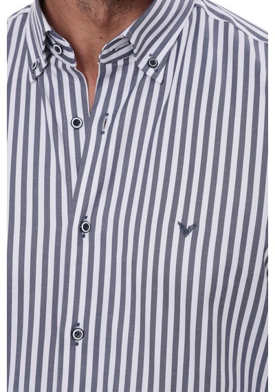 Slim Fit Uzun Kol Likralı Çizgili Yaka Düğmeli Hediye Kutulu Erkek Gömlek Fs-003669 - Lacivert-2434
