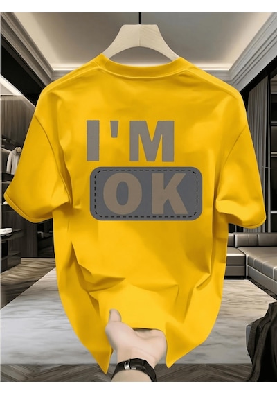 Unisex "ı'm Ok" Baskılı Oversize Pamuklu Tişört - Özel Tasarım Patch Detaylı Sari