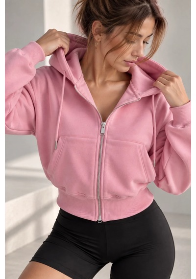 Bb Butik Basic Kapüşonlu Fermuarlı Kısa Kadın Sweatshirt Günlük Basic Model My3535 Pembe