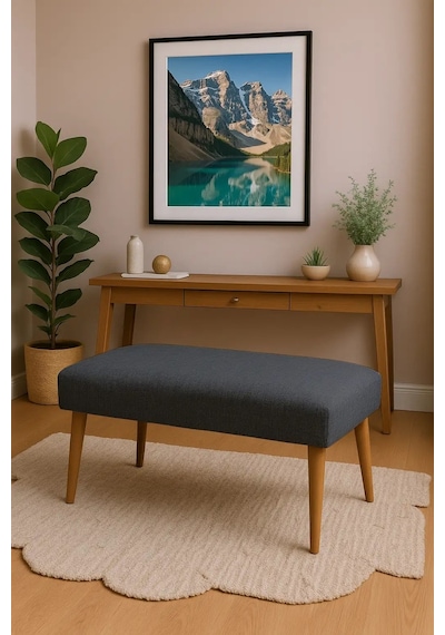 Waterybrook Bench Bank - Keten Kumaş - Ceviz Ahşap Ayaklı - 90x45 Cm - Modern Retro Tasarım - Oturma Pufu Gri