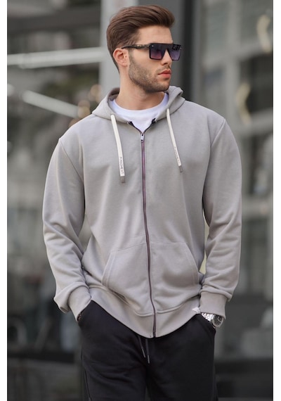 Madmext Boyalı Gri Fermuarlı Kapüşonlu Sweatshirt 6161-boyalı Gri Boyalı Gri