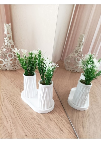 Mini Desenli İkili Beton Saksı Ve Oval Tabak - Yapay Çiçek Hediyeli - Beyaz