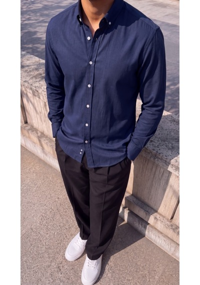 Butik İstanbul Erkek Standart Kesim Gabardin Kumaş Uzun Kollu Gömlek Lacivert