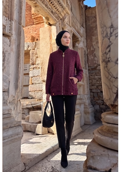 Armine Trend Fermuar Detaylı Taş Süslemeli Cepli Uzun Ceket Modern Şık Günlük Tesettür Dış Giyim Bordo 25kt507