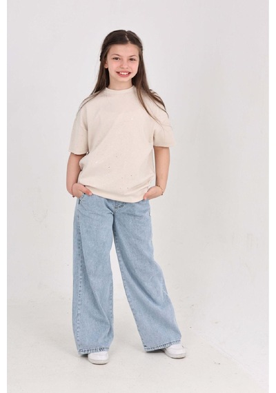 Modanino Kız Çocuk 2'li Jean Takım Pantolon+bluz 7-12 Yaş 12666 Ekru