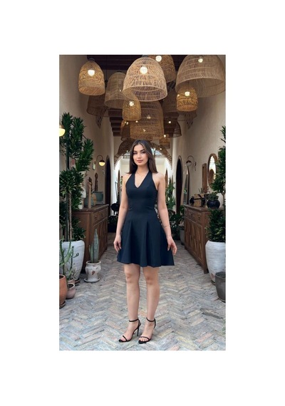 Moda Banuş V Yaka Siyah Slim Fit Mini Elbise-dar Kalıp