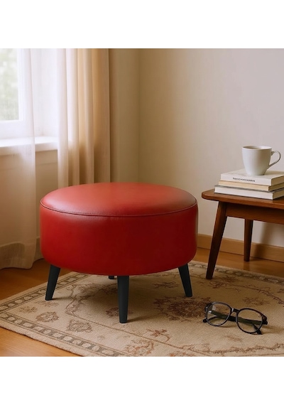 Waterybrook Suni Deri Puf Large - Siyah Ahşap Ayaklı - Retro Modern Tasarım - Dekoratif Sehpa Kırmızı