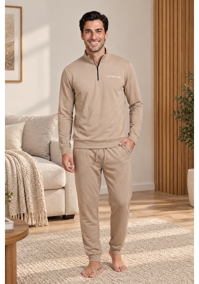 Wordex Mirano 3252 Erkek Fermuar Detaylı Kışlık Spor Eşofman Pijama Takımı Bej