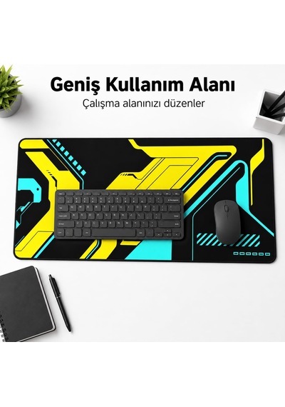 Mcstorey 90x40 Cm Mouse Pad, Cyber Sarı Turkuaz Desenli Büyük Mou