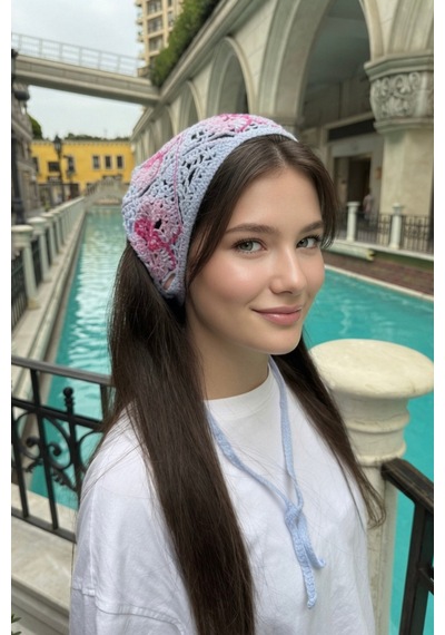 Kadın Kelebek Desenli Örgü Yazlık Bandana Triko Saç Aksesuarı Lila Pembe