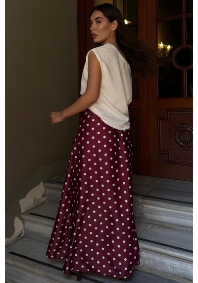 Seeh Bordo Puantiyeli Maxi Kadın Saten Etek Sh385 Düz Renk