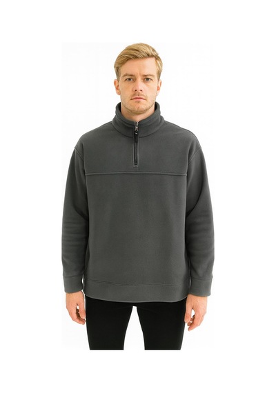 Unisex Relax Fit Rahat Kesim Polar Yarım Fermuarlı Dik Yaka Sweatshirt - 7387 Antrasit