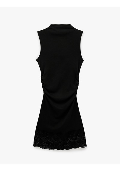 Koton Modal Karışımlı Slim Fit Dik Yaka Kolsuz Mini Dantelli Elbise Siyah 6sal80262ık