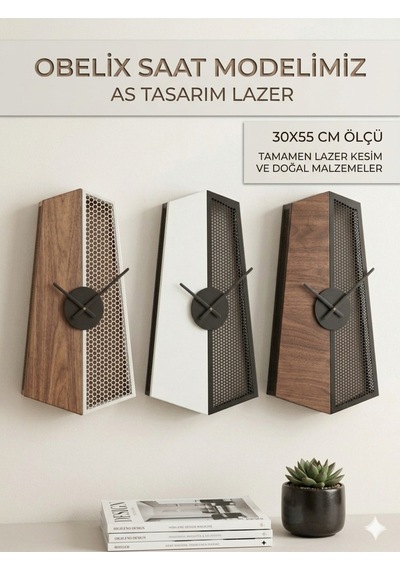 Obelix Dekoratif Ahşap Duvar Saati Modern Ve Şık Tasarım 30x55 Cm. Ceviz Beyaz Renk