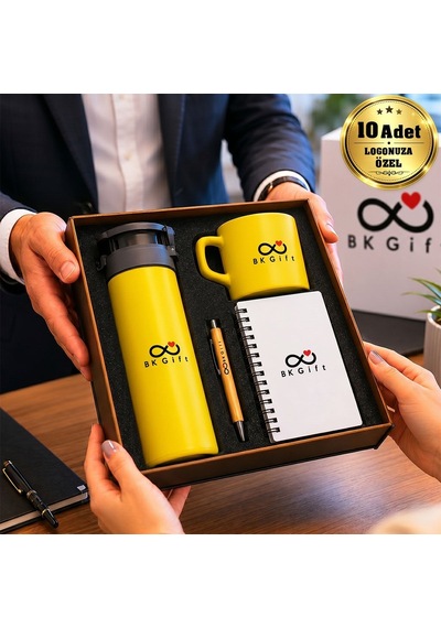 Logonuza Özel 10 Adet Ahşap Kutulu Sarı Kurumsal Hediye Seti Cam Suluk, Seramik Fincan, Defter Ve Kalemli Promosyon Seti