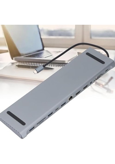 Usb-c 12in1 Hub Çoklayıcı Adaptör Macbook İle Uyumlu Çift Hdmı Vga Rj45 Ethernet Usb 3.0 Sd Tf Kart Okuyucu Pd Şarj Dock Station 01