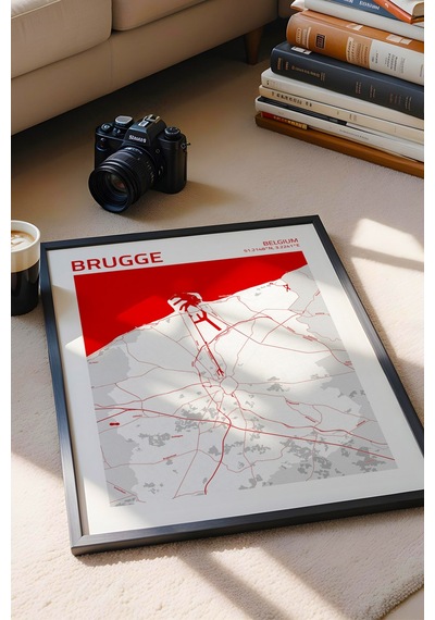 Brugge Belçika Belgium Haritası Çerçeveli Tablo Lüks Salon Ofis Duvar Dekorasyonu Hediyelik Tablo