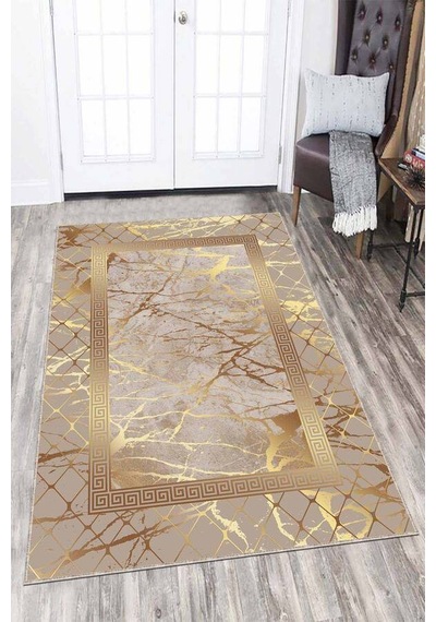 Bej Gold Çerçeveli Kaymaz Tabanlı Dekoratif Halı Ar751n11 Bej - Gold