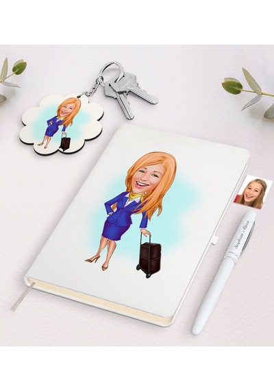 Kişiye Özel Hostes Karikatürlü Beyaz Defter Kalem Ve Anahtarlık H N11.6713
