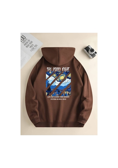 Medinenur Night Baskılı Kapüşonlu Sweatshirt Kahverengi