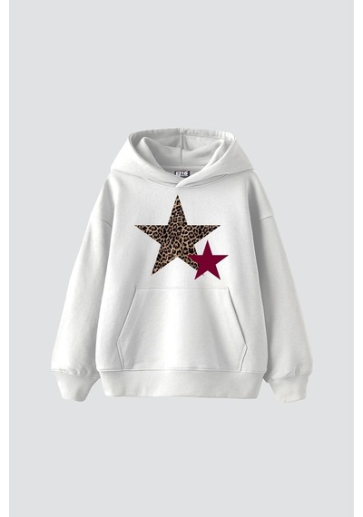 Tarzsokak Leopar Starz Baskılı Oversize Unisex Beyaz