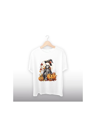 Halloween Konseptli Kurukafa Detaylı Unisex Tişört Beyaz