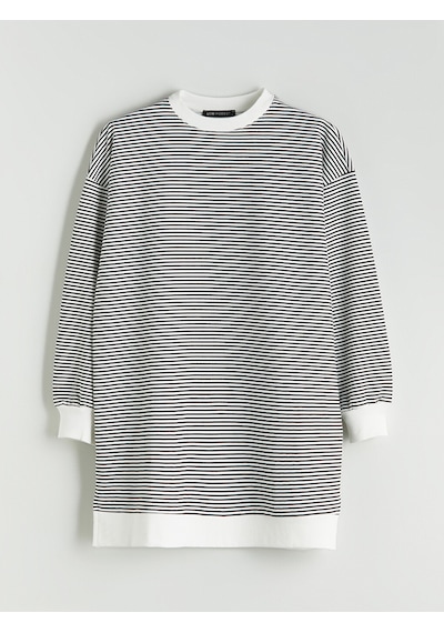 Lcw Modest Siyah Büyük Beden Bisiklet Yaka Çizgili Kadın Sweatshirt Tunik