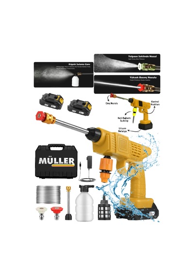 Pro Müller Pro 24 V Kömürsüz Motor Hava Soğutmalı Yüksek Basınçlı Çift Akülü Oto Araba Yıkama Makinesi