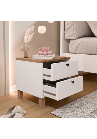 Robin Home Alaska Komodin 2 Çekmeceli Ahşap Ayaklı Sepet-beyaz Beyaz