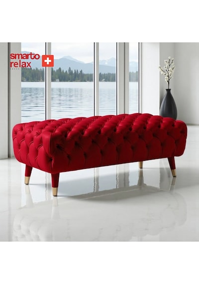 Smarto Relax Puf Adelboden Ahşap Ayaklı Kapitoneli 110x45x40 Cm Kırmızı Kırmızı