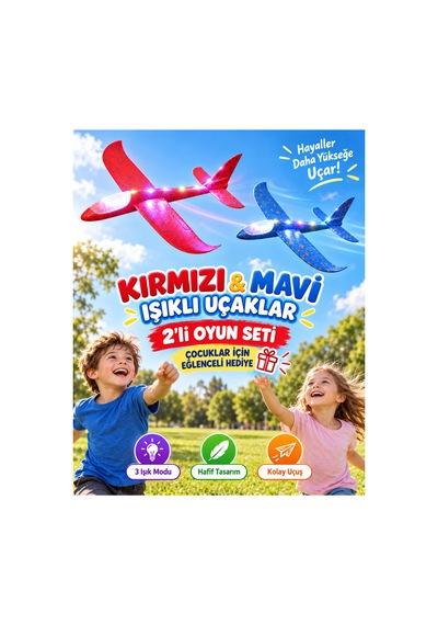 2 Li Led Işıklı Köpük Uçak Seti Kırmızı & Mavi Hafif Dayanıklı Fırlatma Uçağı Açık Hava Oyuncağı - 921732546